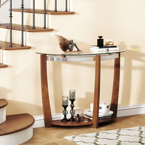 2-tier Tempered Glass Console Table with Clear Glass Top and Open Shelf, Walnut