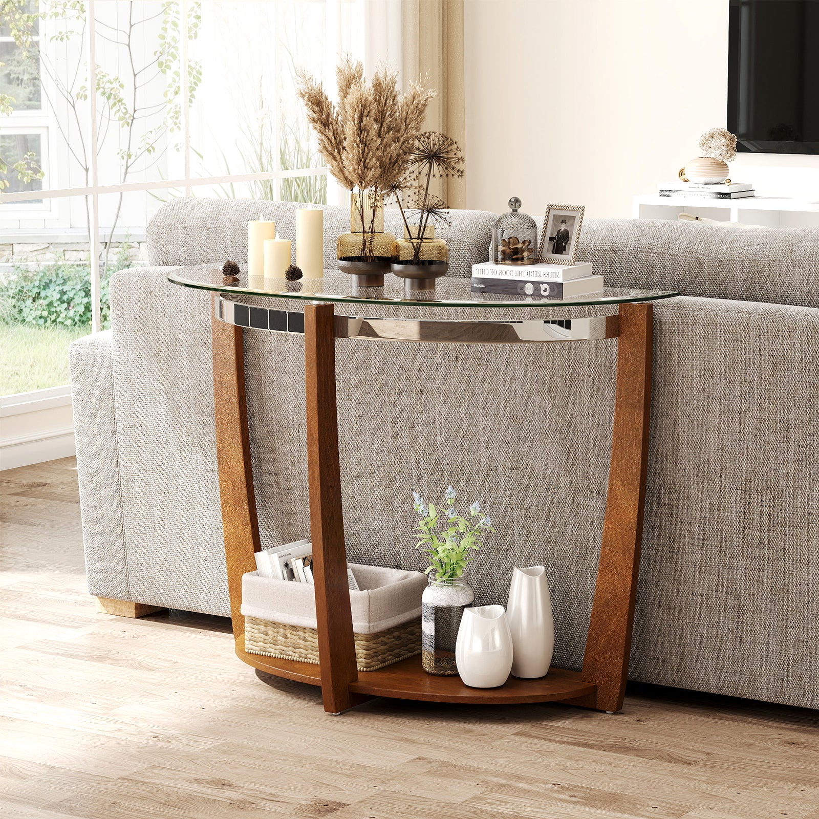 2-tier Tempered Glass Console Table with Clear Glass Top and Open Shelf, Walnut End & Side Tables at Gallery Canada
