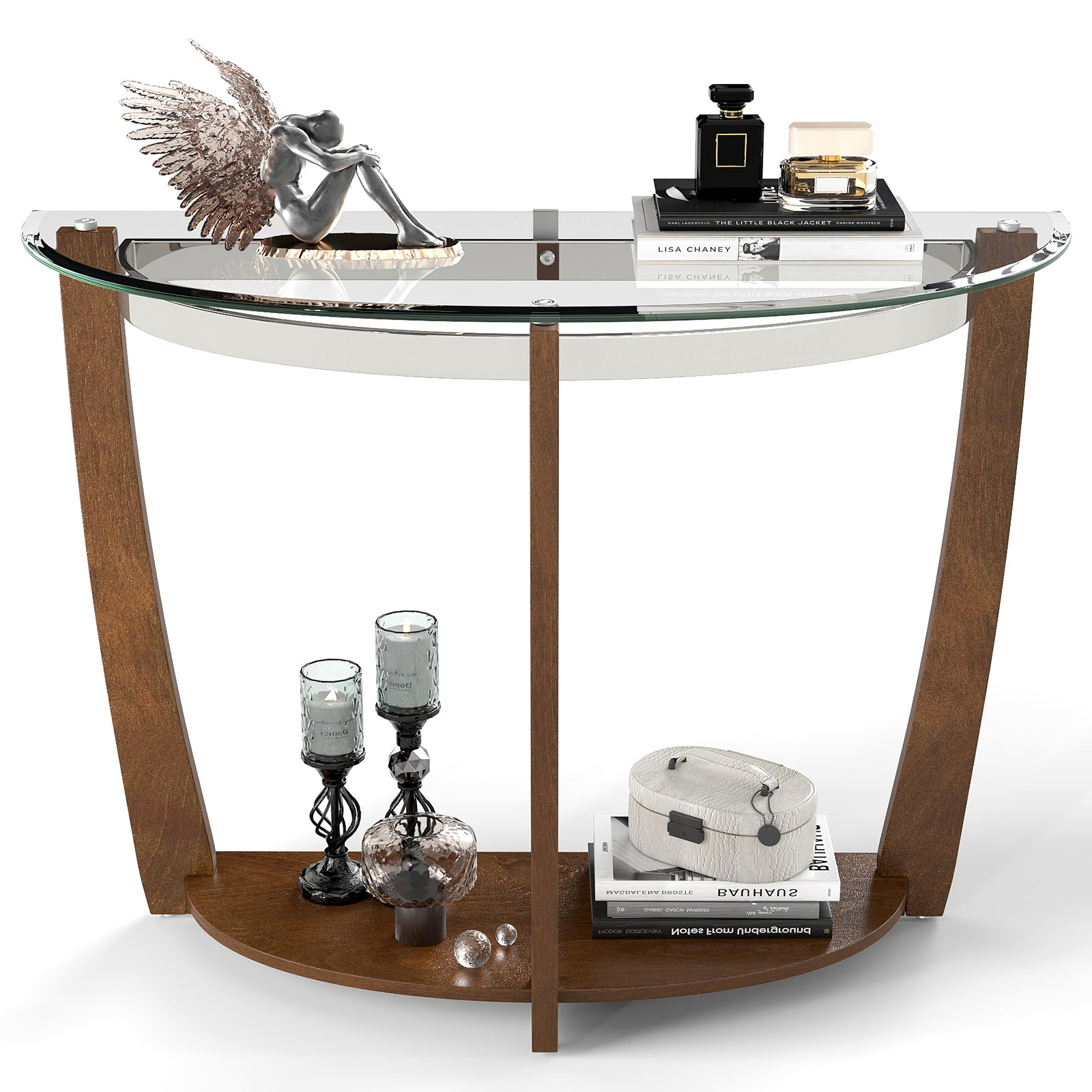 2-tier Tempered Glass Console Table with Clear Glass Top and Open Shelf, Walnut End & Side Tables at Gallery Canada