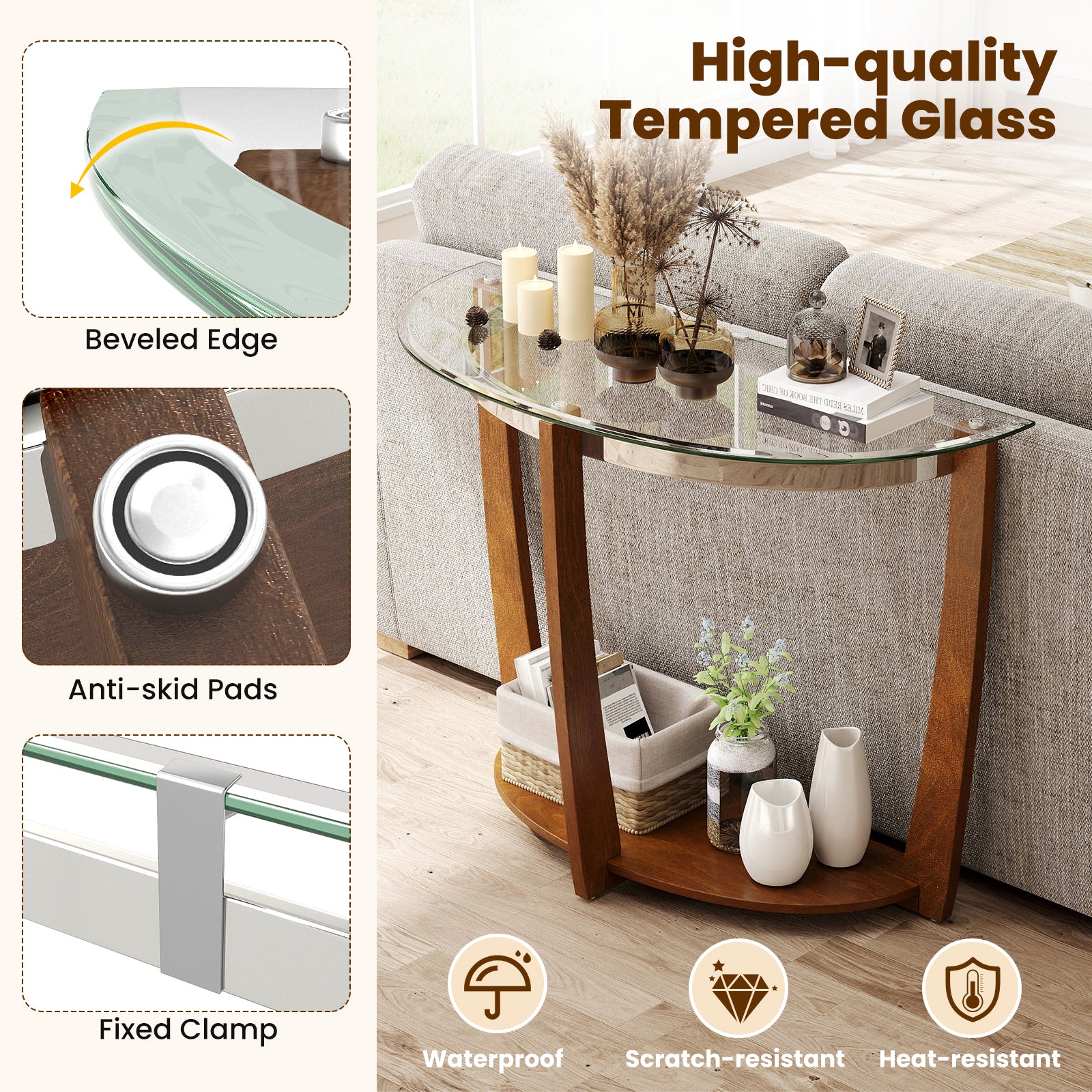 2-tier Tempered Glass Console Table with Clear Glass Top and Open Shelf, Walnut End & Side Tables at Gallery Canada