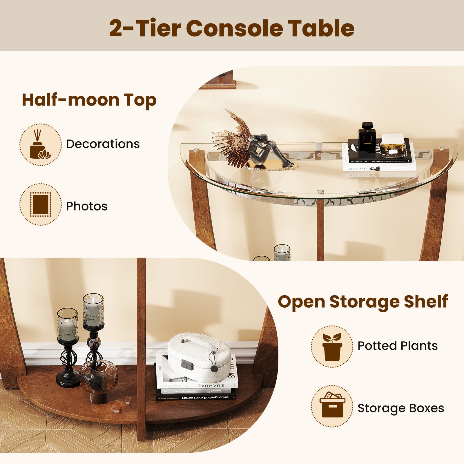 2-tier Tempered Glass Console Table with Clear Glass Top and Open Shelf, Walnut End & Side Tables at Gallery Canada