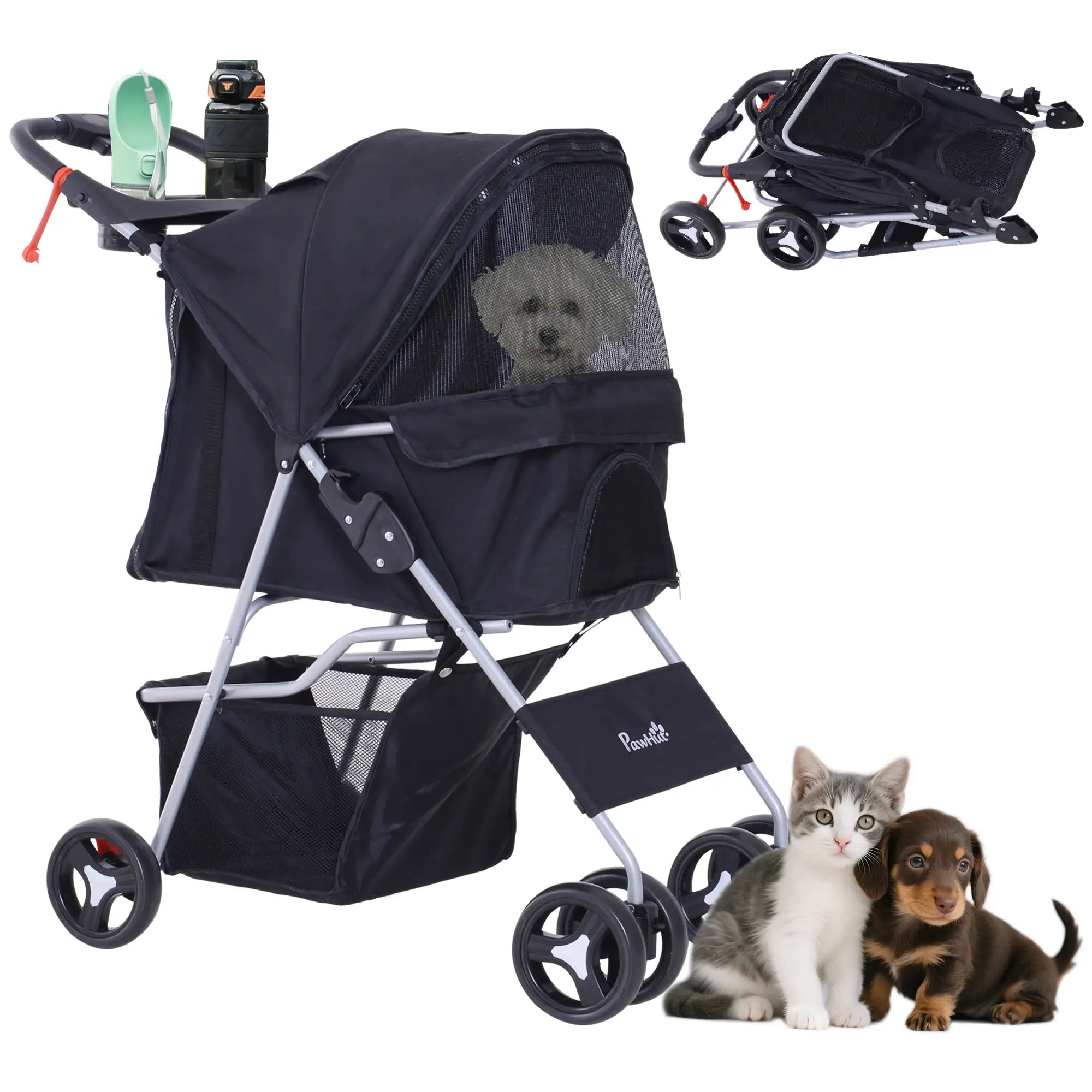 Dog Stroller, One-Click Folding, 4 Wheels, Storage Basket, XS/Small, Black Dog Bike Trailers & Strollers Black at Gallery Canada