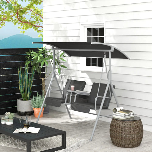 2-Seater Outdoor Porch Swing, Adjustable Canopy, Table, Grey