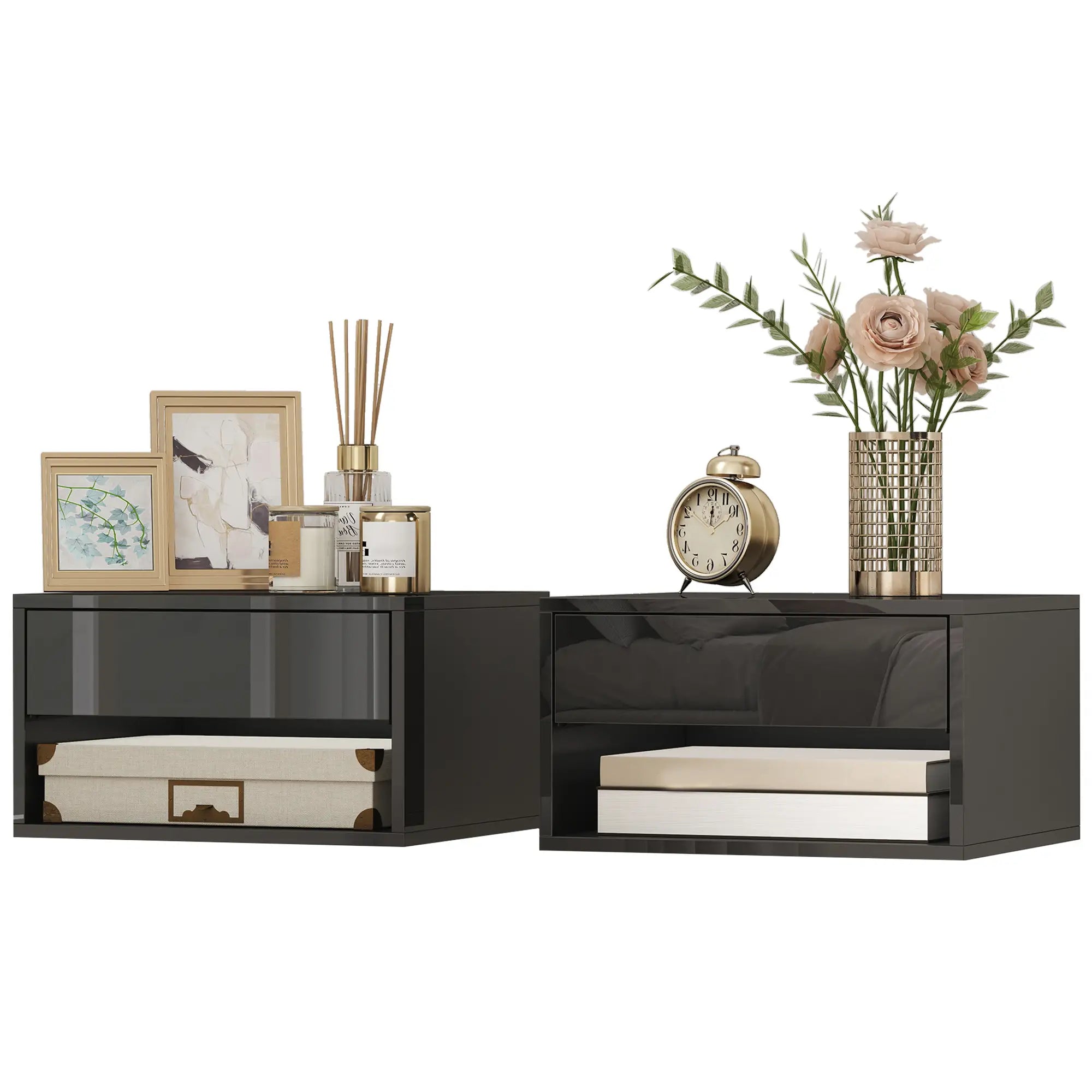 Floating Bedside Tables, Wall-Mounted Nightstand, High Gloss Black Bedside Tables High Gloss Black at Gallery Canada