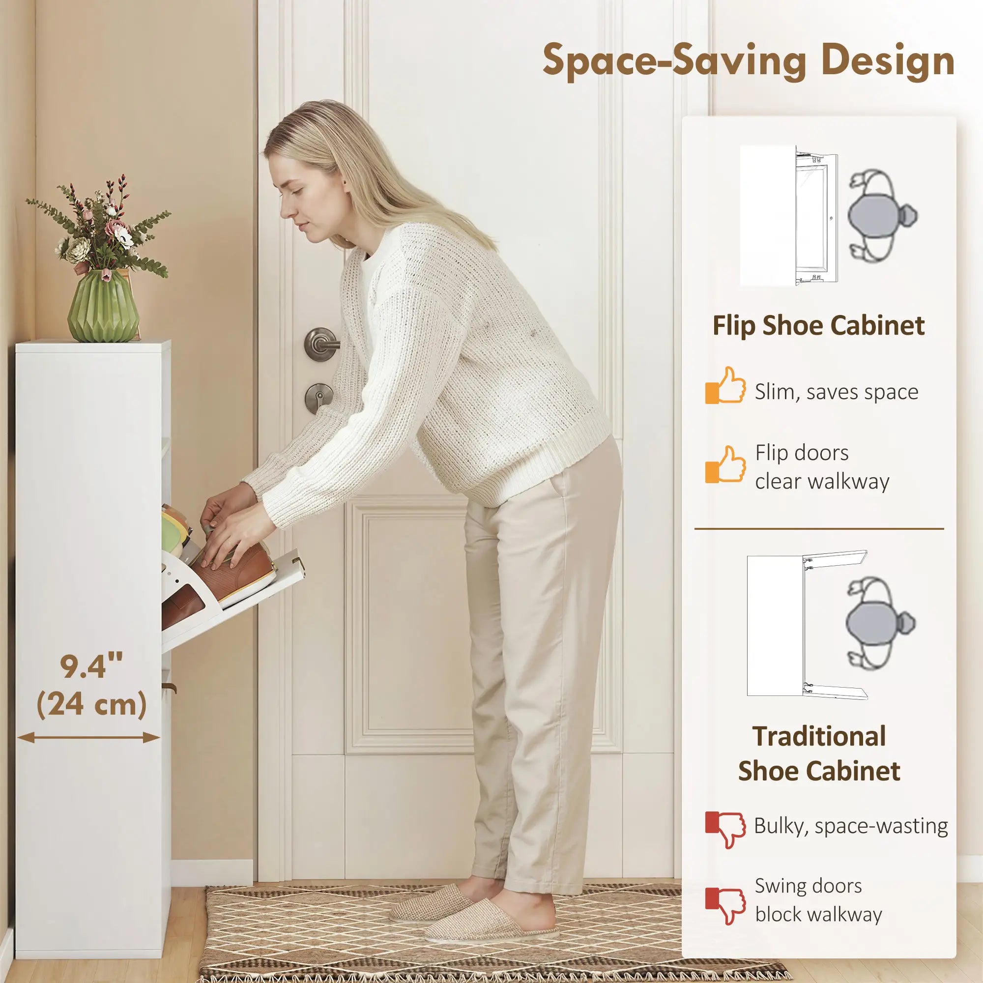 Narrow Shoe Cabinet With 2 Flip Drawers, Top Shelf, White Shoe Storage Cabinets & Racks at Gallery Canada