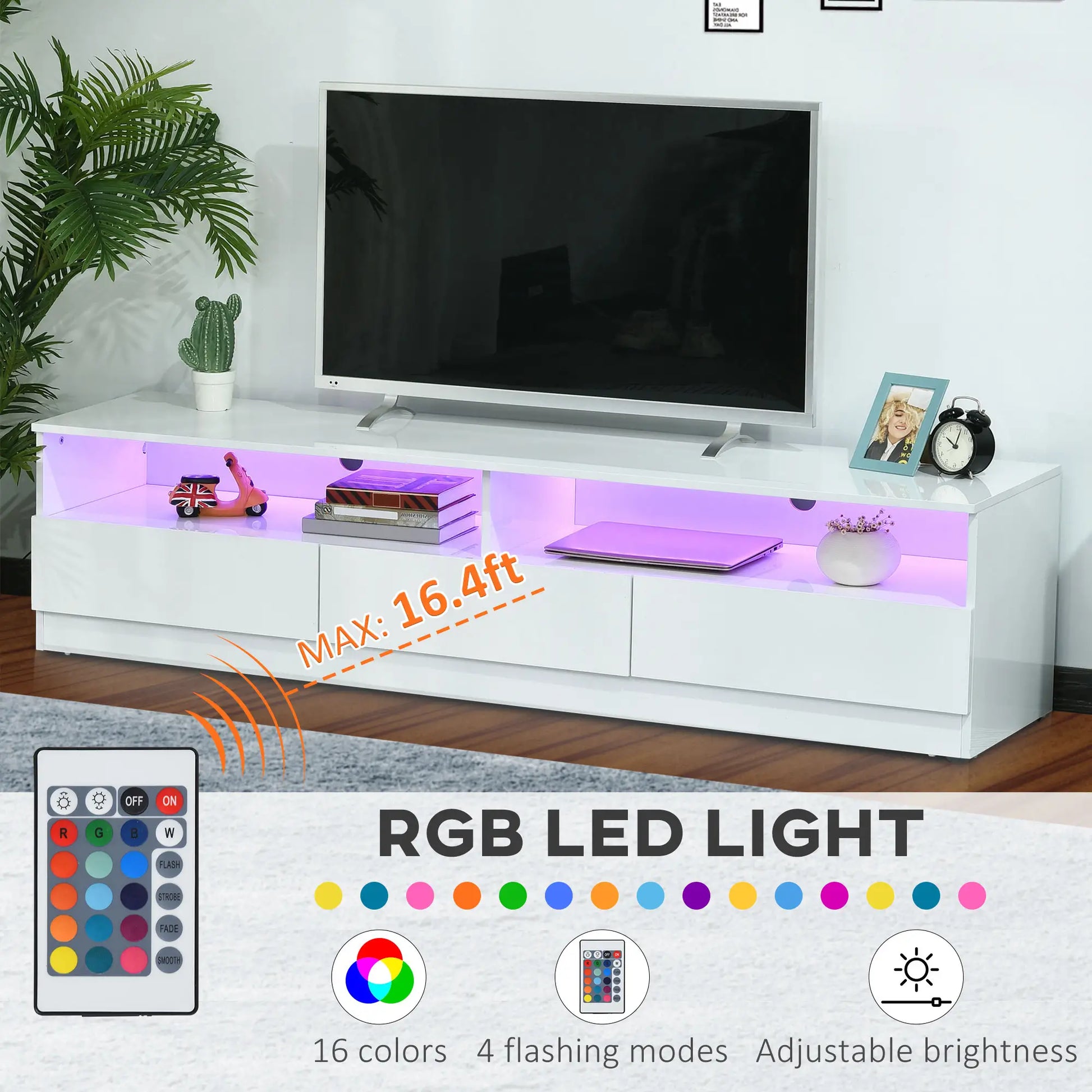LED Lighted TV Stand for 75" TVs, Modern Cabinet with Drawers, High Gloss, White TV Stands at Gallery Canada