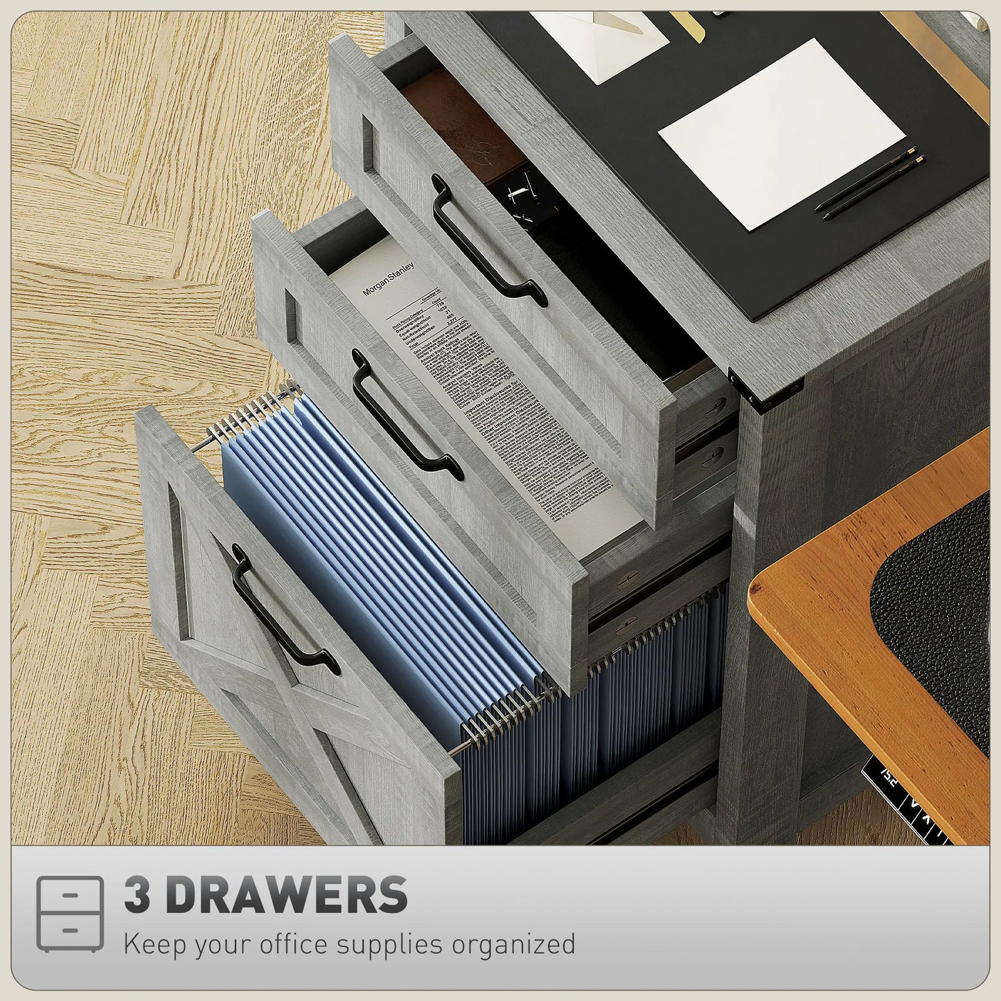 Vertical 3-Drawer Filing Cabinet, Rustic Farmhouse, A4 Letter Size, Stone Grey Office Cabinets & Cupboards at Gallery Canada