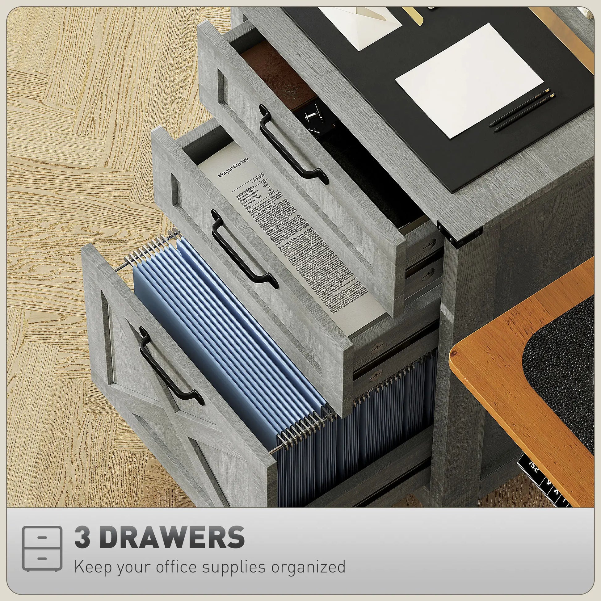 Vertical 3-Drawer Filing Cabinet, Rustic Farmhouse, A4 Letter Size, Stone Grey Office Cabinets & Cupboards at Gallery Canada