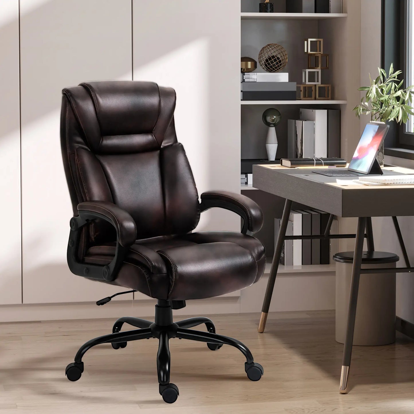 PU Leather Executive Office Chair, High Back, Adjustable Height, Swivel Wheels, 400LBS, Brown Executive & Manager Chairs at Gallery Canada