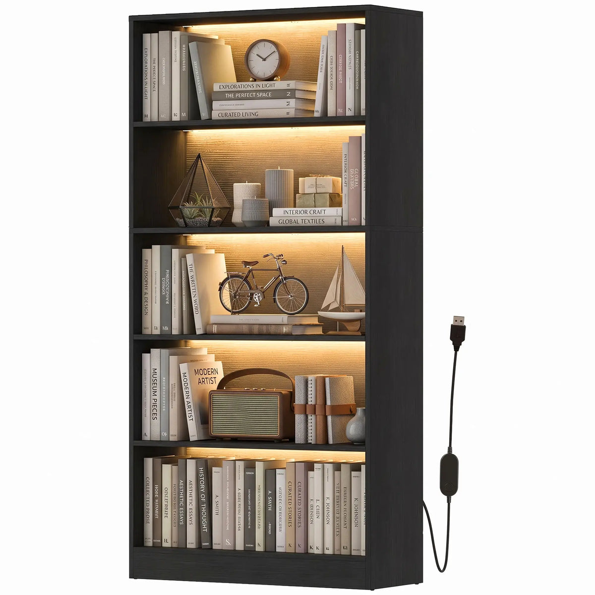 5-Tier Bookshelf With LED Lights, Cable Holes, Black Wood Grain
