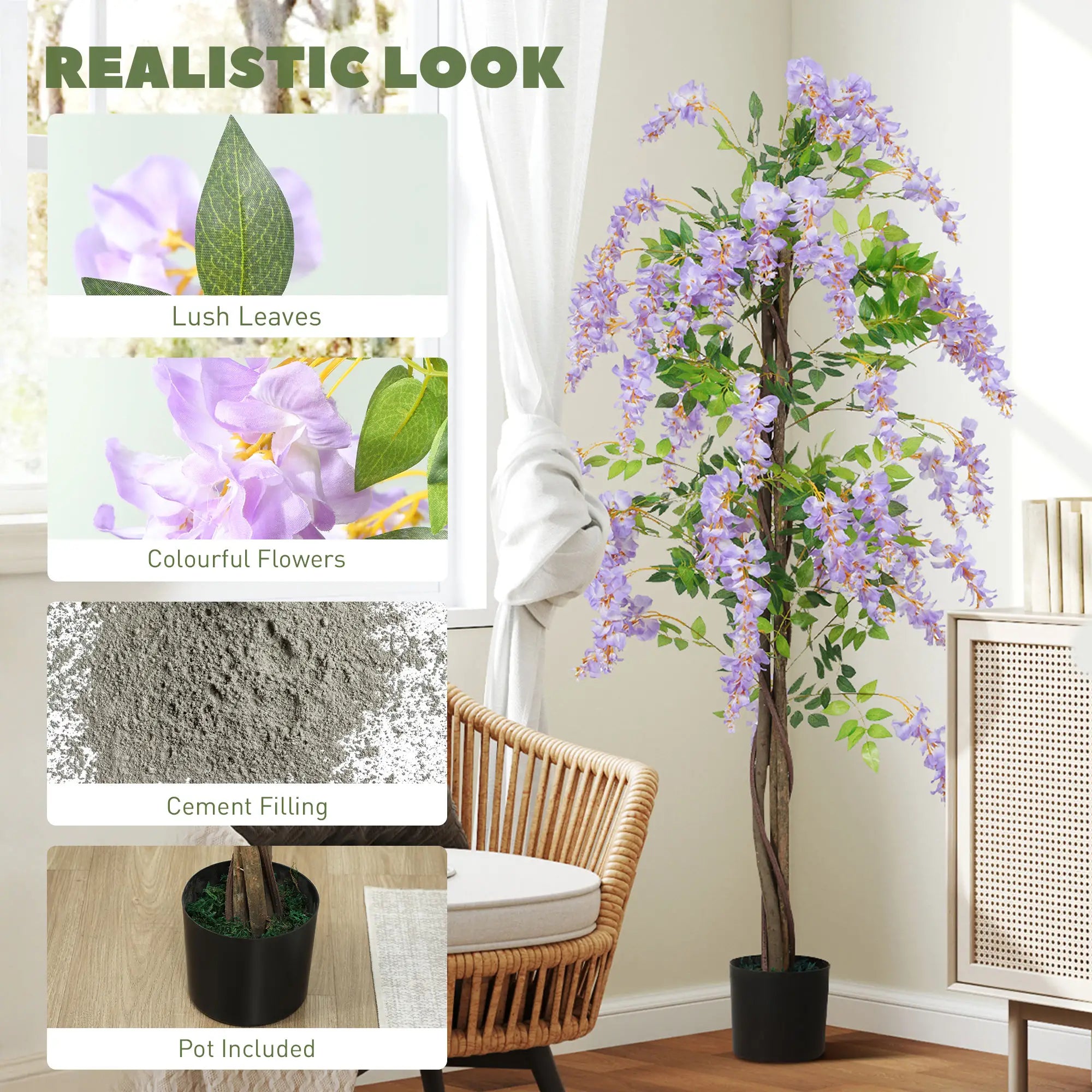 5.9FT Artificial Wisteria Tree, Natural Wood Trunk, Nursery Pot, Purple Artificial Trees at Gallery Canada