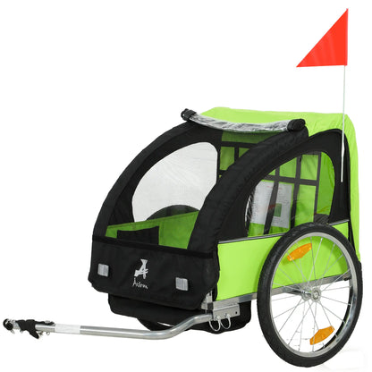 2-Seat Child Bike Trailer, Steel Frame, 5-Point Harness, Green