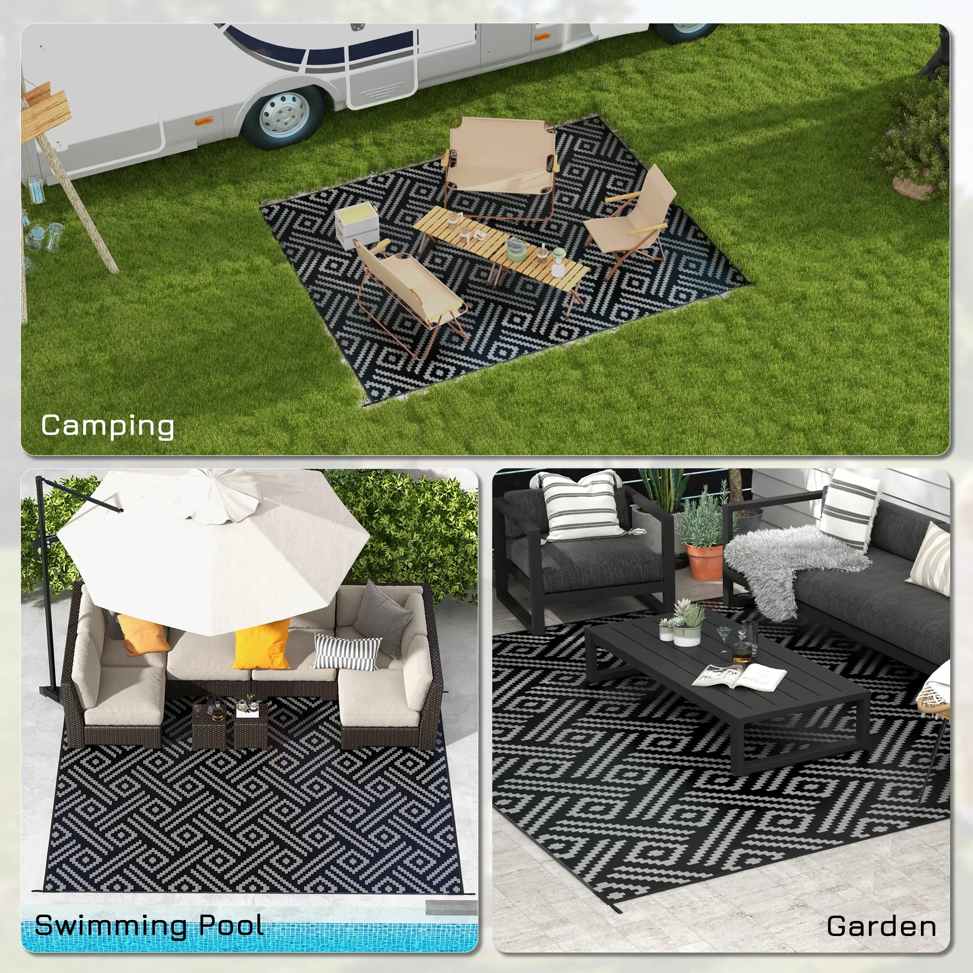 Reversible Outdoor Rug, Waterproof, 9' x 12', Geometric, Black Grey Outdoor Reversible Rugs at Gallery Canada