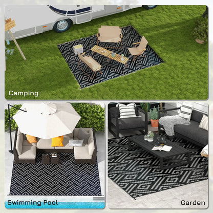 Reversible Outdoor Rug, Waterproof, 9' x 12', Geometric, Black Grey Outdoor Reversible Rugs at Gallery Canada