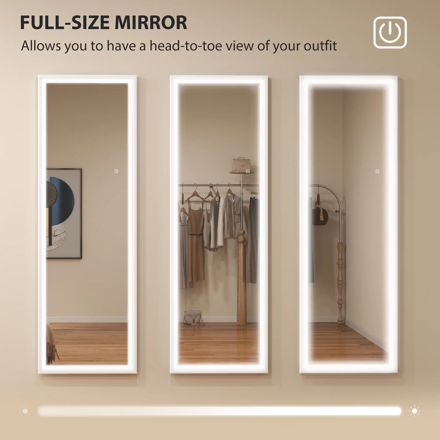 LED Mirror, Dimmable 3 Color Lights, 64" x 21" Rectangular, White Full Length Mirrors at Gallery Canada