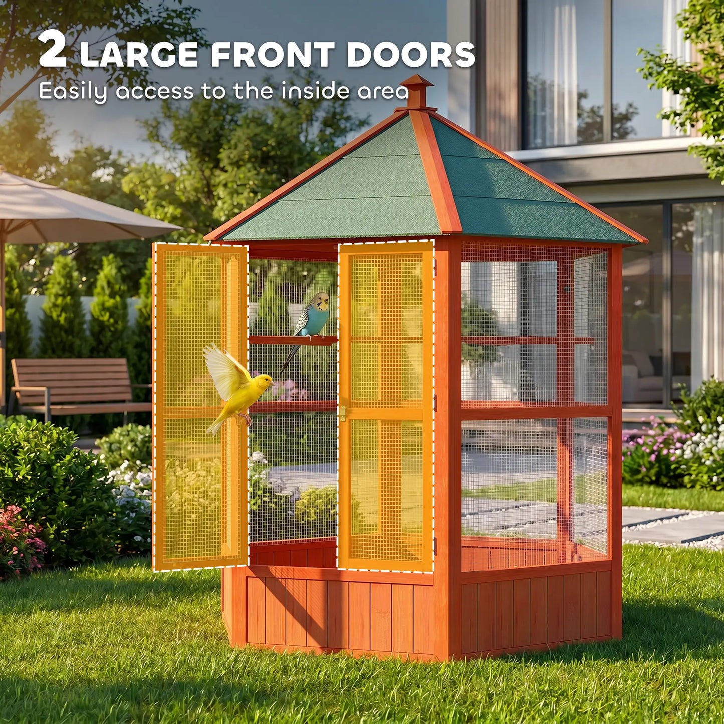 70"H Hexagonal Wooden Bird Cage, Outdoor Aviary with Doors Bird Cages at Gallery Canada