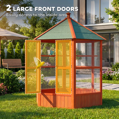 70"H Hexagonal Wooden Bird Cage, Outdoor Aviary with Doors Bird Cages at Gallery Canada