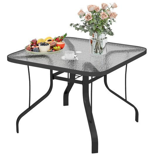 Tempered Glass Square Patio Table, 2.1" Umbrella Hole, 38" x 38" x 28" Patio Dinning Tables Black at Gallery Canada