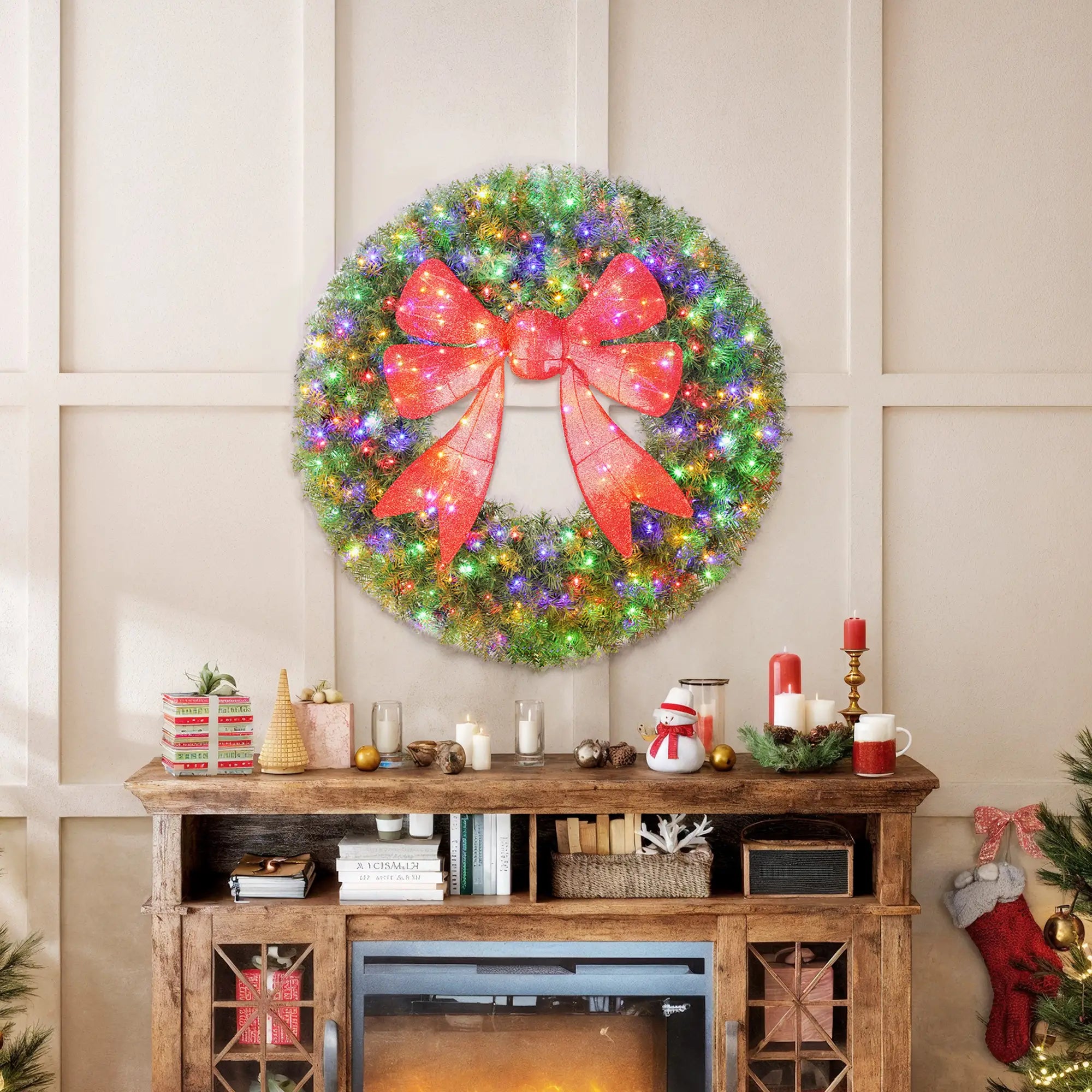 36in Pre-Lit Christmas Wreath, 3D Red Bow, 11 Lighting Modes, Remote, Red Christmas Wreaths at Gallery Canada