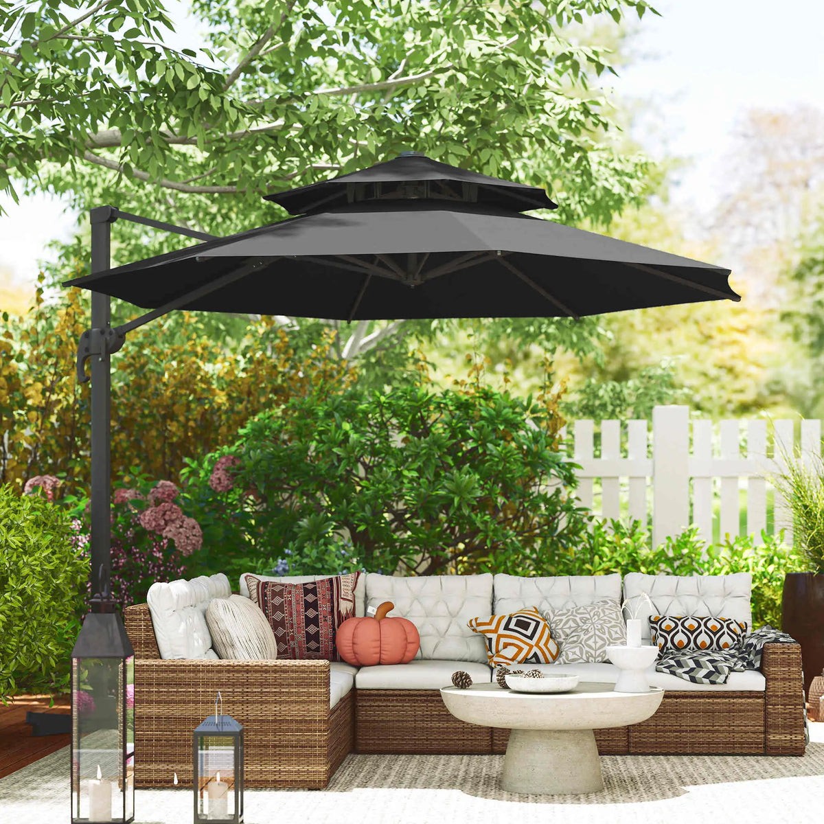 11ft Outdoor Cantilever Umbrella, Adjustable Angle, Double-Top Canopy, Dark Grey Cantilever Umbrellas at Gallery Canada