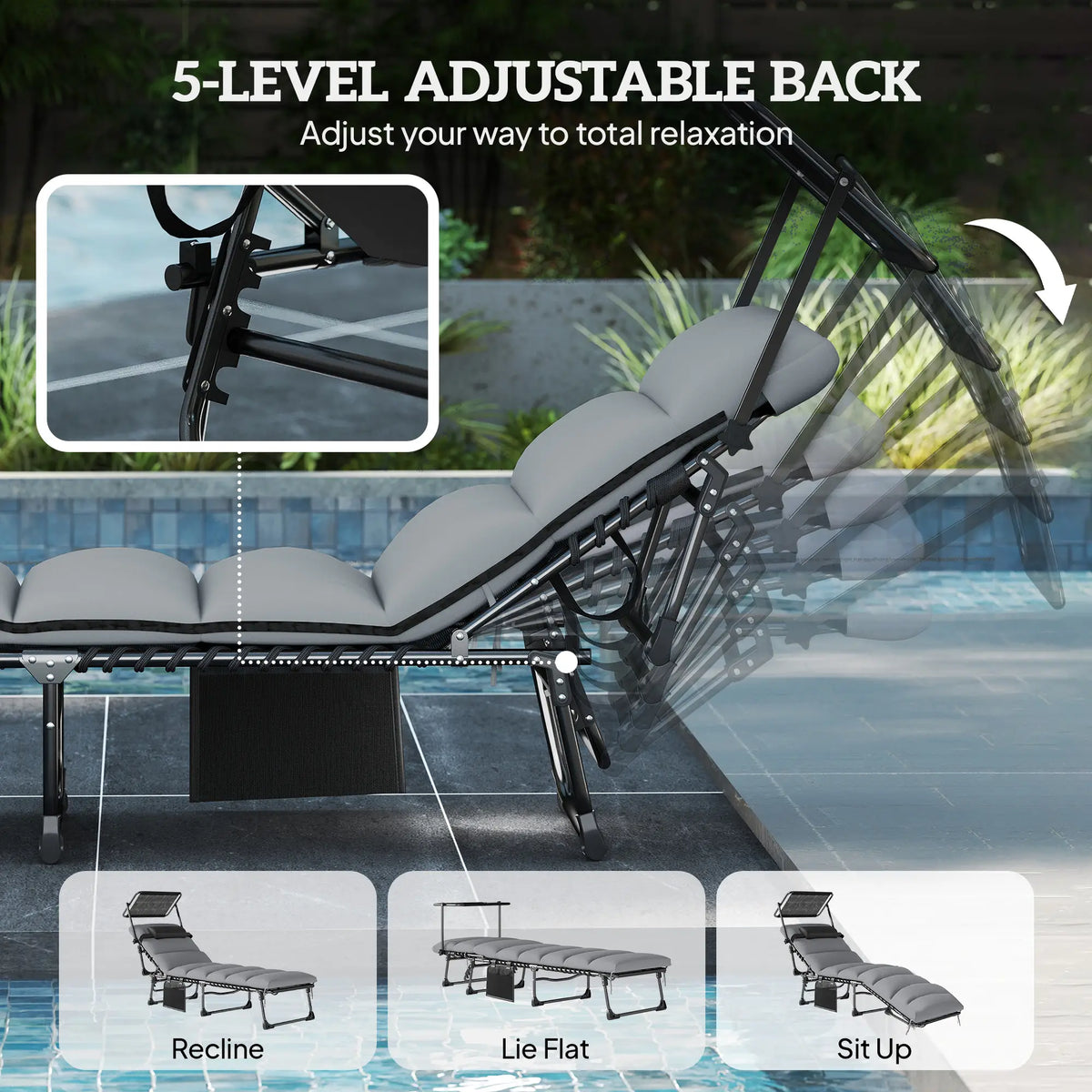 2 PCS Folding Chaise Lounge Chairs, Adjustable 5-Position, Cushion, Canopy, Side Pocket