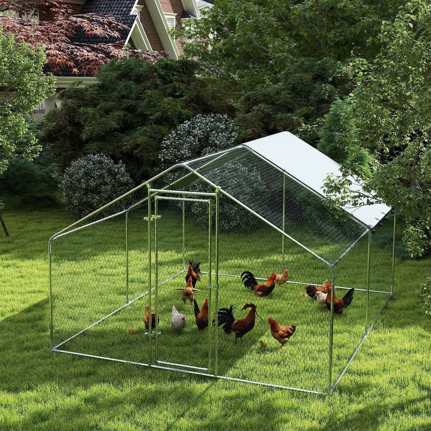 Metal Chicken Coop, 9.8 x 11.2 FT, Walk-In Run With Cover, Lockable Door, Outdoor Poultry Cage For 10-15 Chickens Chicken Coops at Gallery Canada