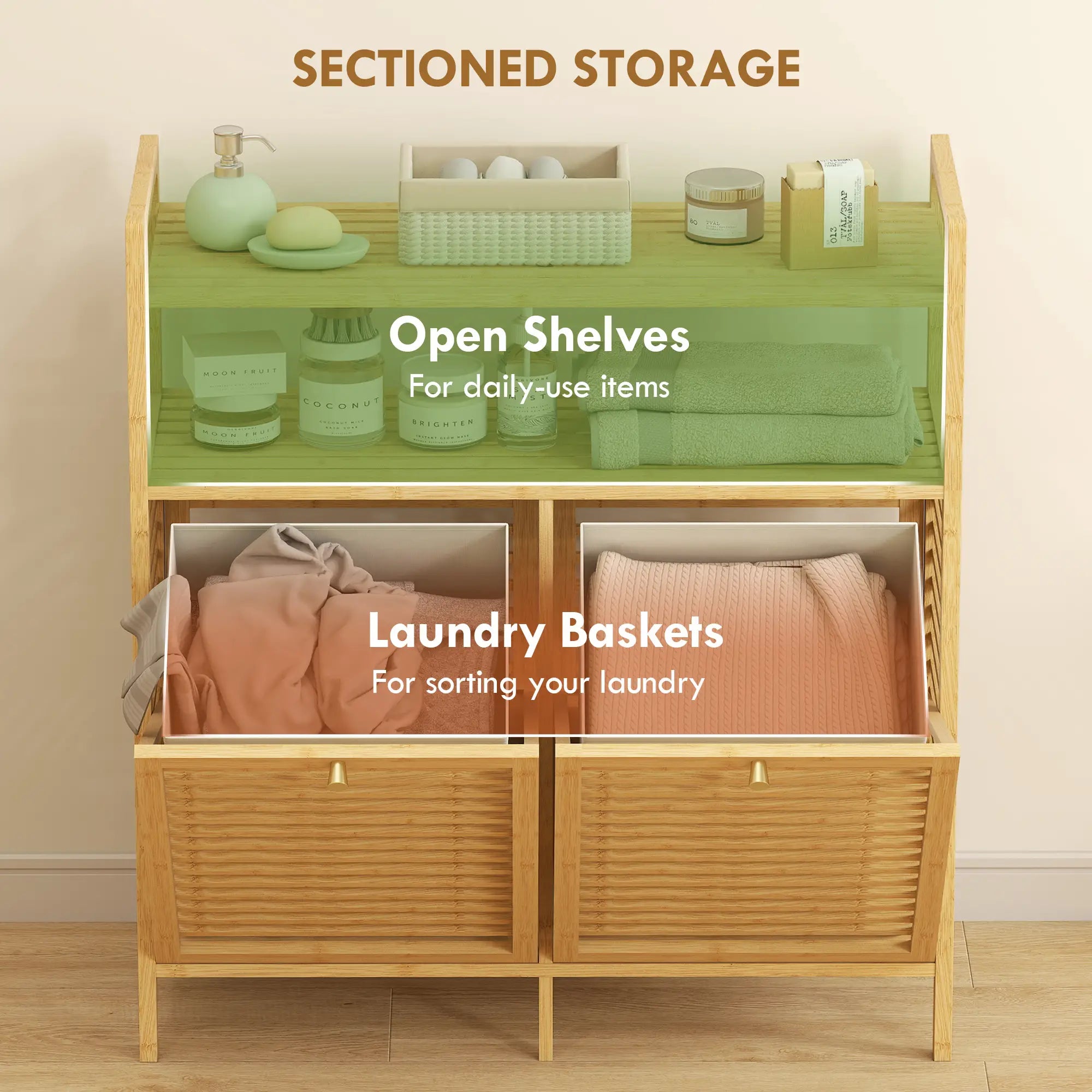 Tilt Out Laundry Hamper, Bamboo Cabinet with 2 Baskets, 2 Shelves, Natural Bathroom Cabinets at Gallery Canada