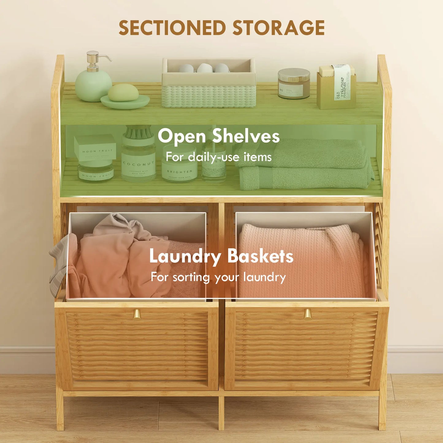 Tilt Out Laundry Hamper, Bamboo Cabinet with 2 Baskets, 2 Shelves, Natural Bathroom Cabinets at Gallery Canada