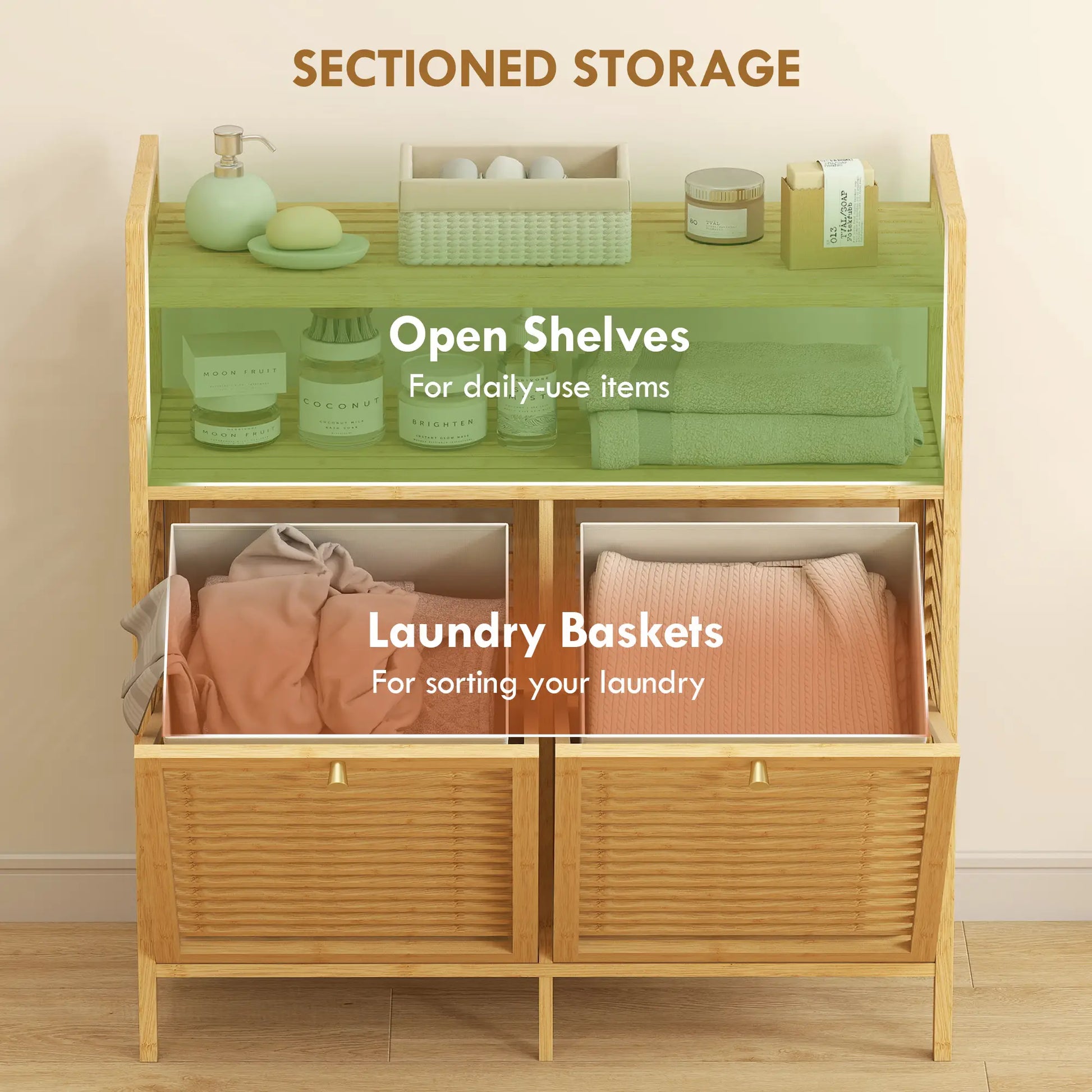 Tilt Out Laundry Hamper, Bamboo Cabinet with 2 Baskets, 2 Shelves, Natural Bathroom Cabinets at Gallery Canada