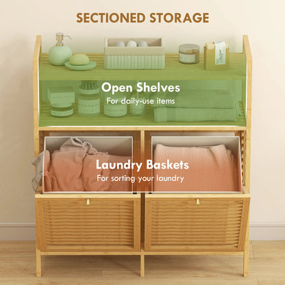 Tilt Out Laundry Hamper, Bamboo Cabinet with 2 Baskets, 2 Shelves, Natural Bathroom Cabinets at Gallery Canada