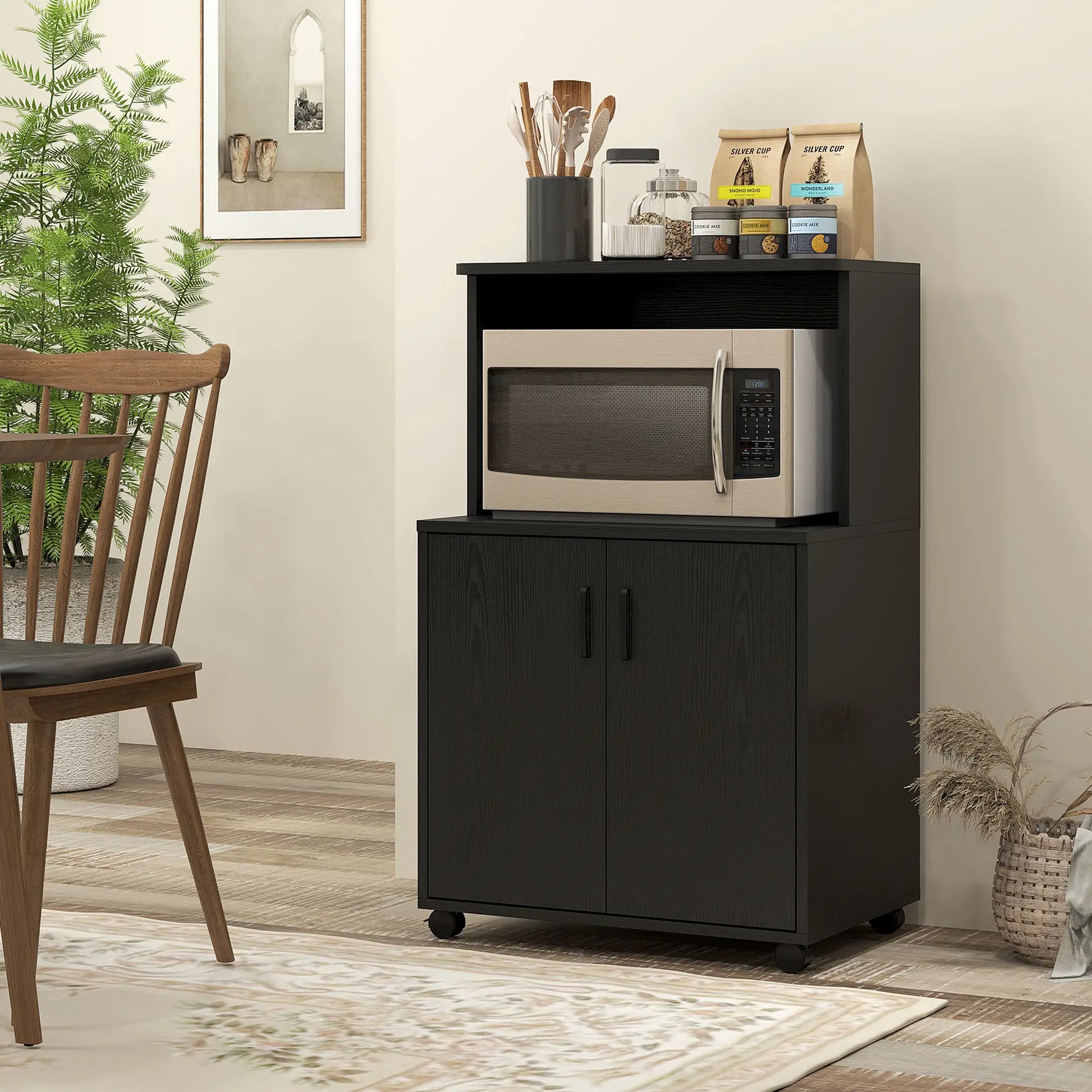 Microwave Cart on Wheels, 2-Door Cabinet, Black Wood Grain, Black Kitchen Pantry Cabinets at Gallery Canada