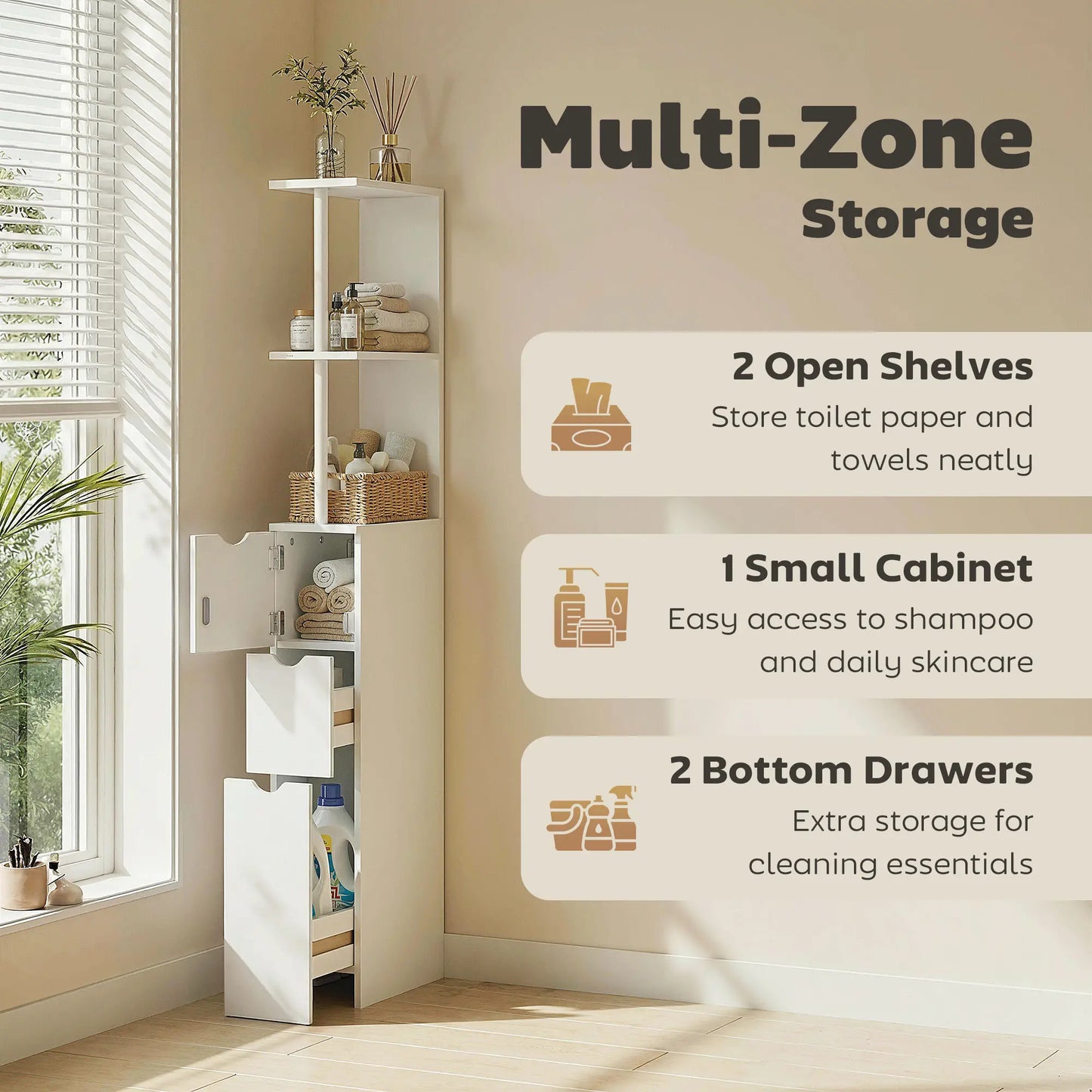 Tall Narrow Bathroom Storage Cabinet, Drawers and Open Shelves, White Bathroom Cabinets at Gallery Canada