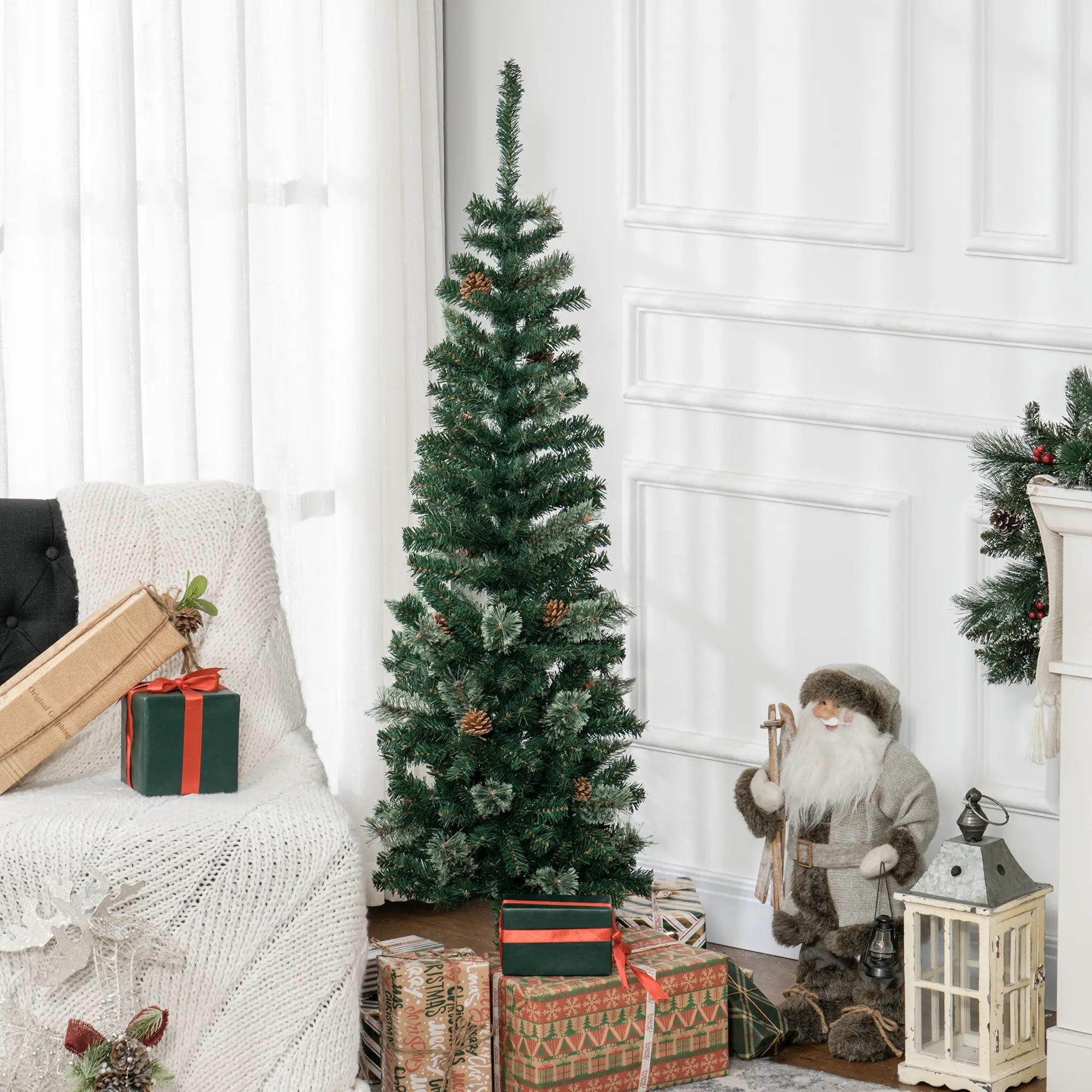 5ft Pencil Christmas Tree, Artificial with Pine Needles, Realistic Branches, Pine Cones, Green Pencil Christmas Trees at Gallery Canada