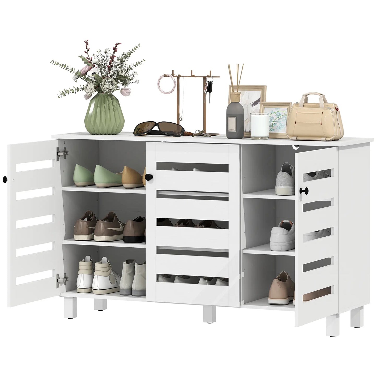 3-Door Shoe Cabinet, 3-Tier Adjustable Shelves For 15 Pairs, White