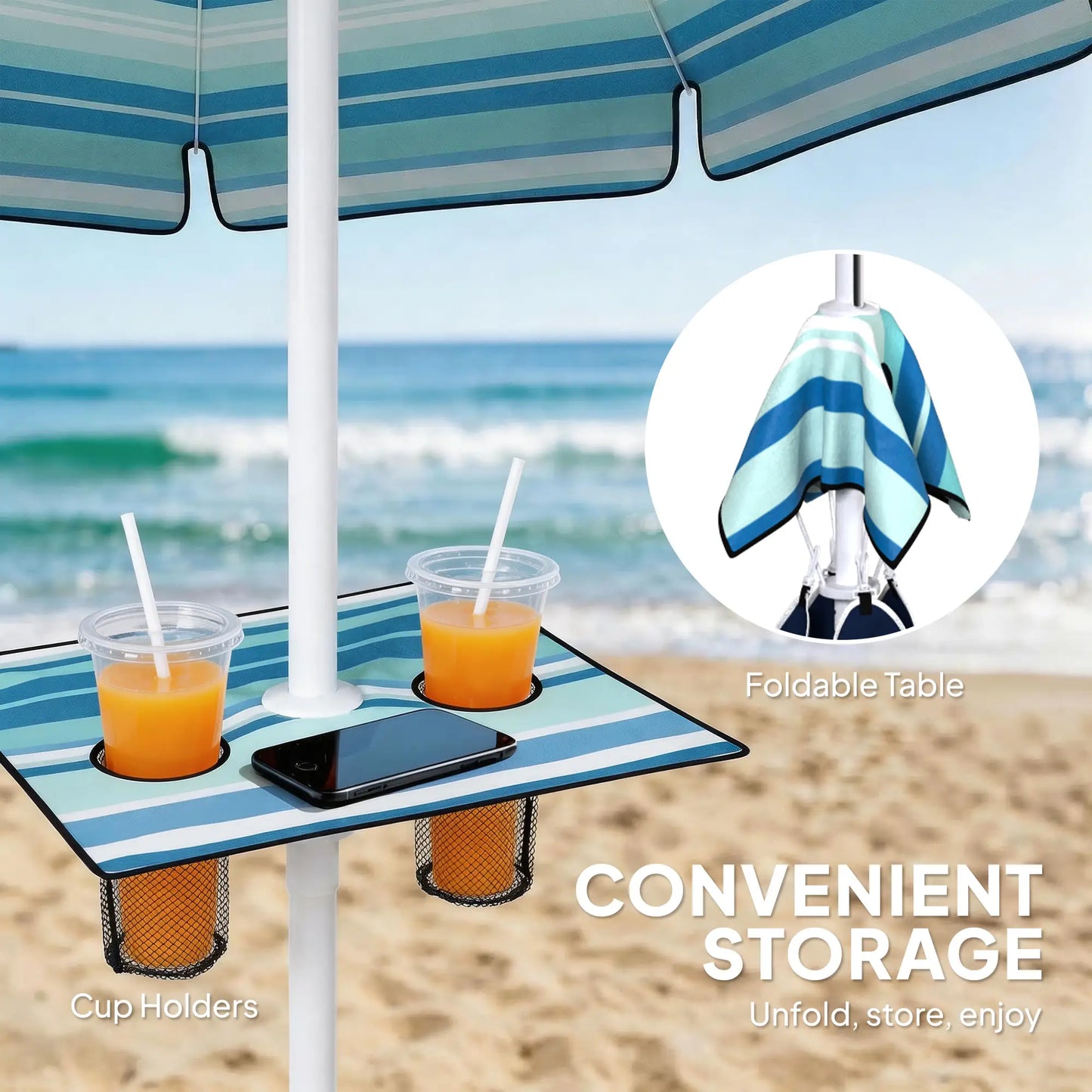6 ft Portable Beach Umbrella With Foldable Table, Tilting Sun Shade, Dark Blue