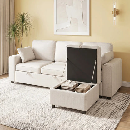 Modular Sectional Sofa Bed With Reversible Ottoman, Beige
