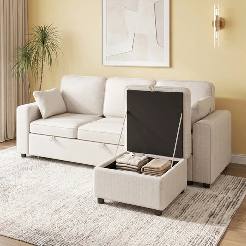 Modular Sectional Sofa Bed With Reversible Ottoman, Beige
