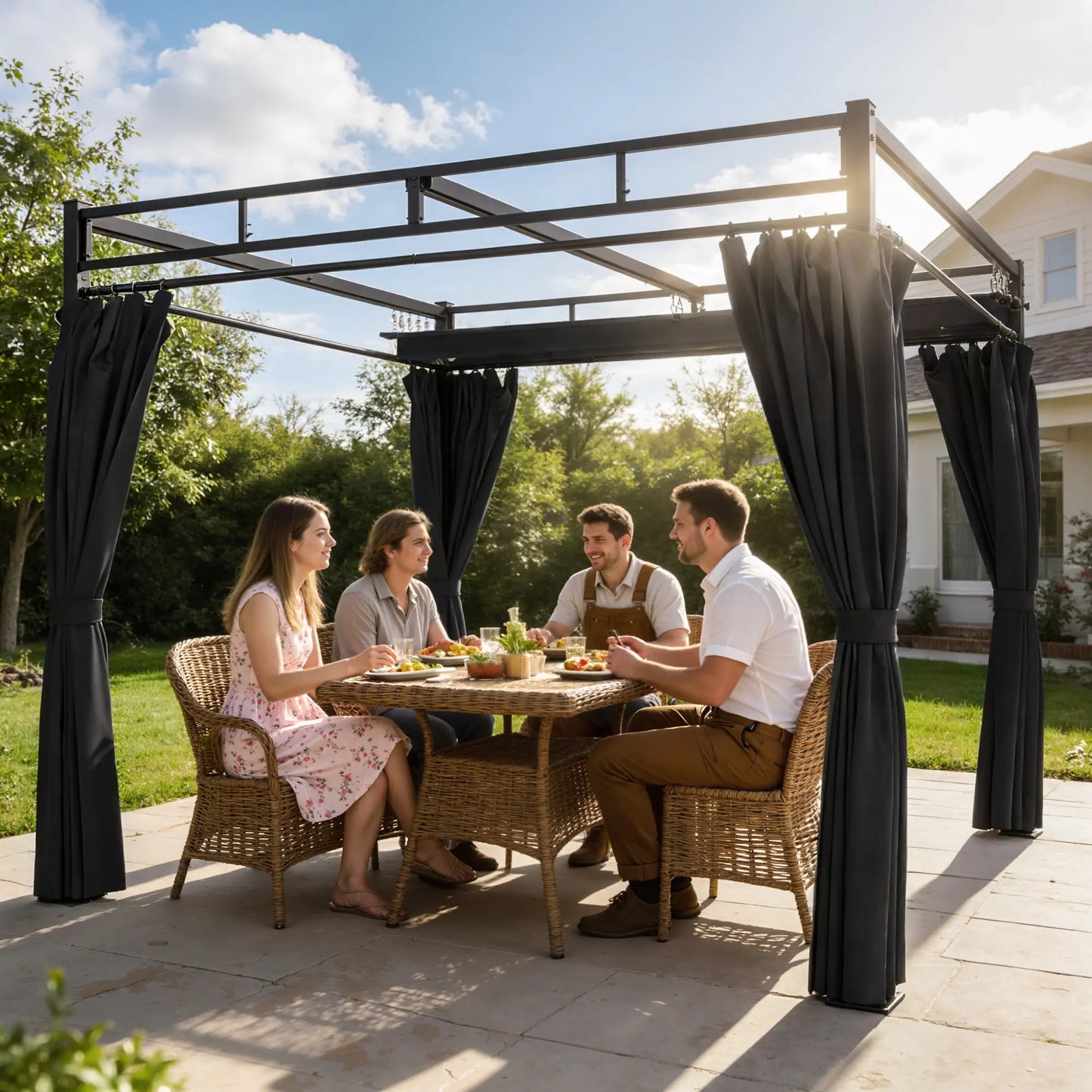 10' x 10' Dark Grey Outdoor Gazebo, Retractable Pergola Canopy With Curtains, Dark Grey Pergolas at Gallery Canada