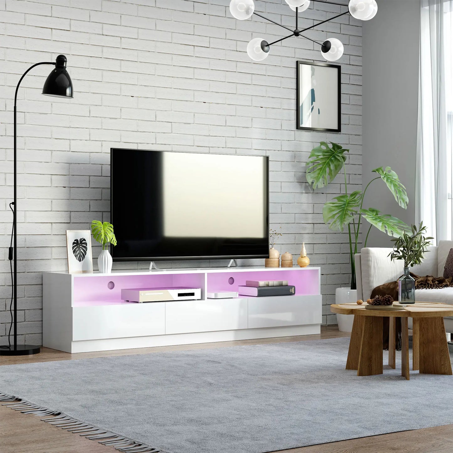 LED Lighted TV Stand for 75" TVs, Modern Cabinet with Drawers, High Gloss, White TV Stands at Gallery Canada