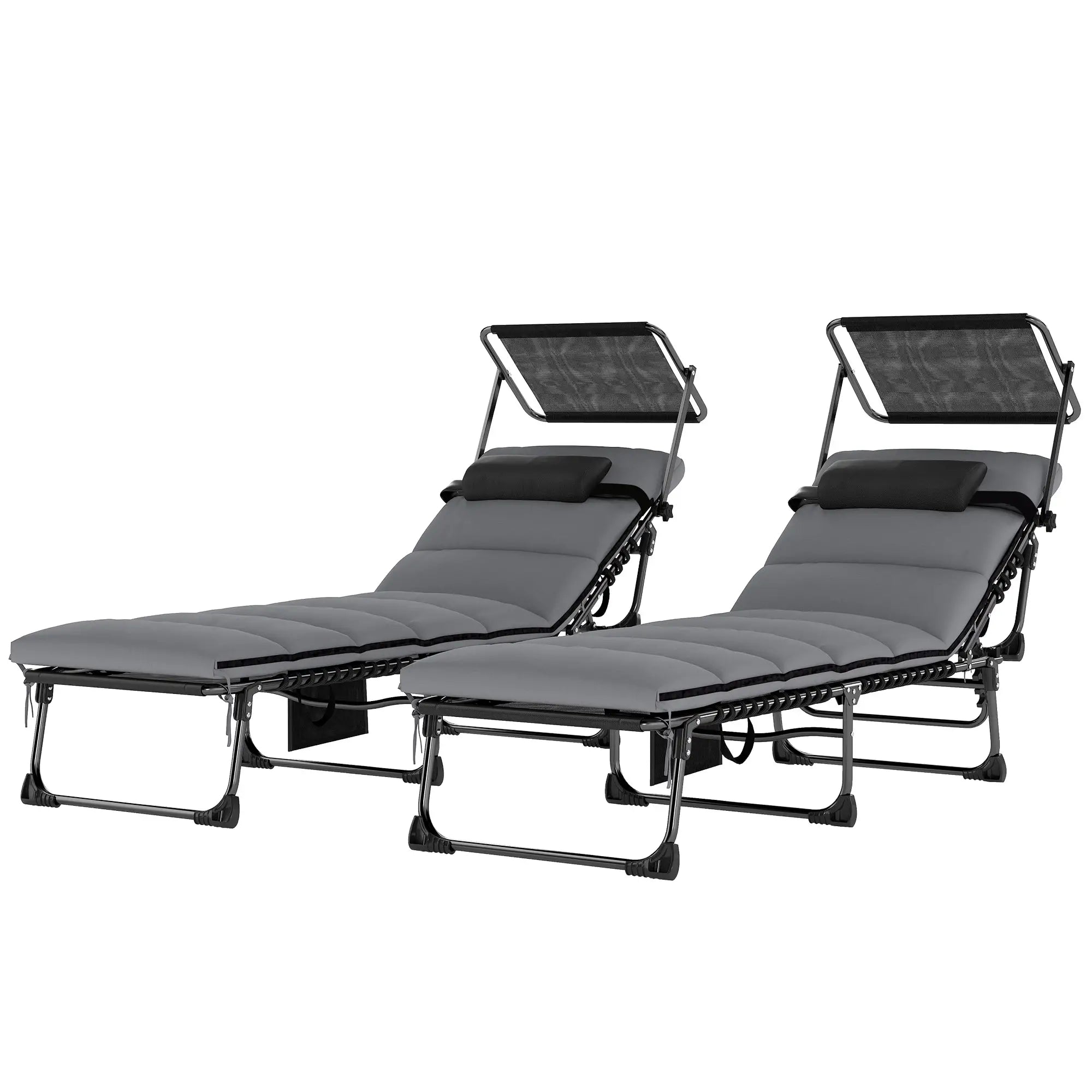 2 PCS Folding Chaise Lounge Chairs, Adjustable 5-Position, Cushion, Canopy, Side Pocket Lounger Chairs Black, Light Grey at Gallery Canada