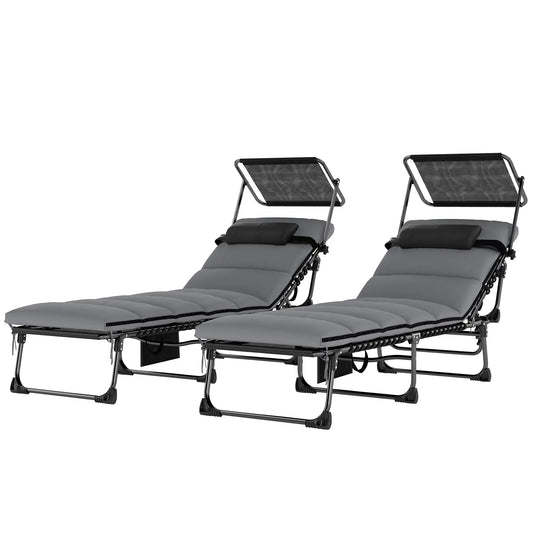 2 PCS Folding Chaise Lounge Chairs, Adjustable 5-Position, Cushion, Canopy, Side Pocket Lounger Chairs Black, Light Grey at Gallery Canada