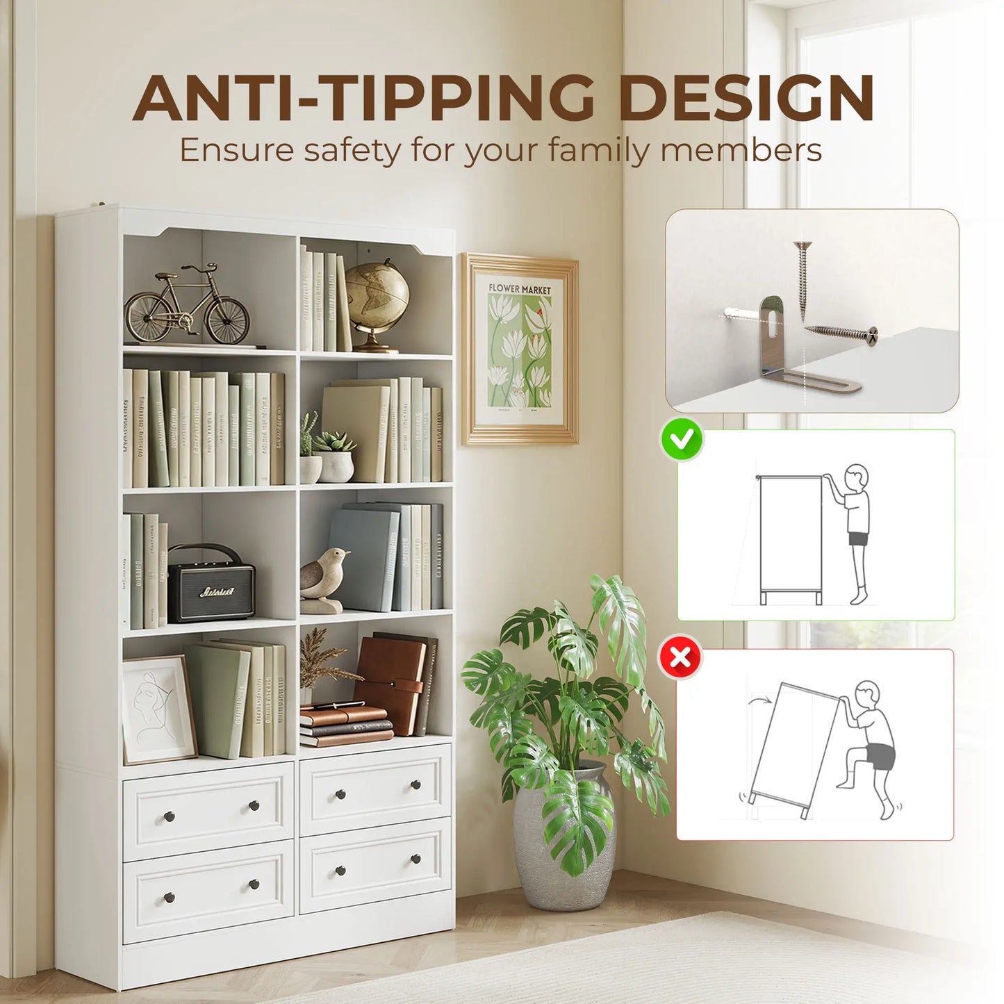 5-Tier Bookcase with 8 Cubbies, 4 Drawers, White Display Bookshelves at Gallery Canada