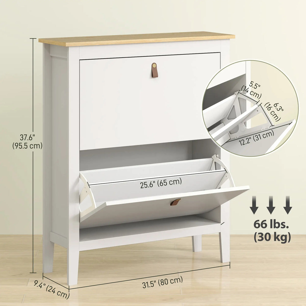 Narrow Shoe Cabinet, 2 Flip Drawers, Adjustable Shelves, Holds 10-14 Pairs, White