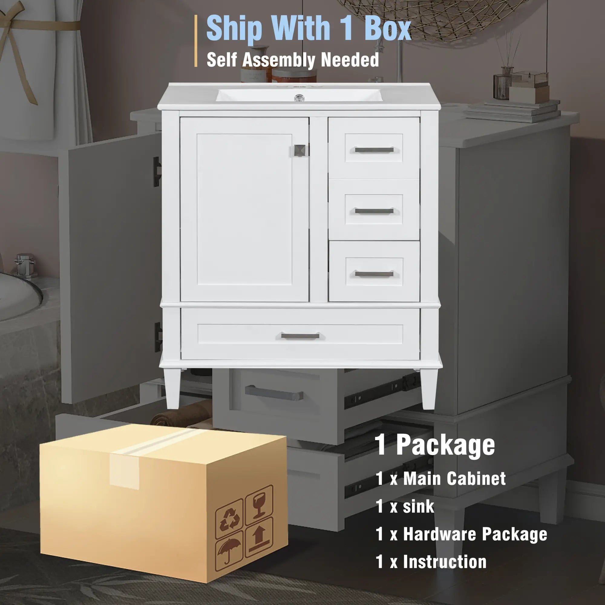 Solid Wood Bathroom Vanity, Sink Combo, Soft-Close Door, 3 Drawers, 30