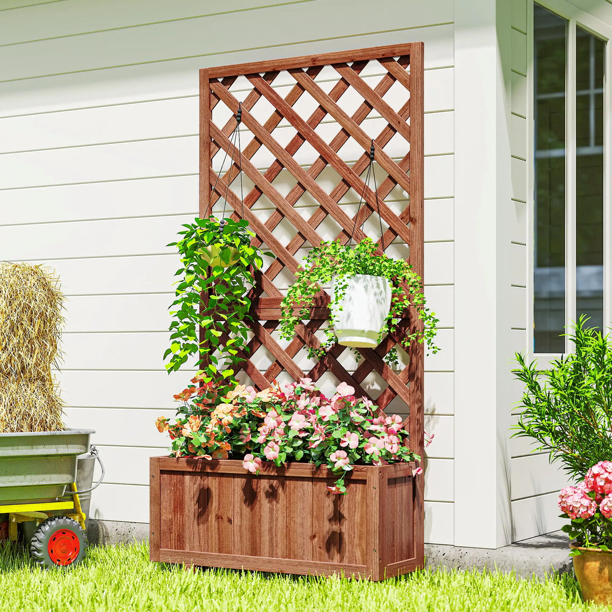 2.4 x 1 x 4.9 ft Wooden Pine Trough Planter with Trellis, Orange Wooden Planter Boxes at Gallery Canada