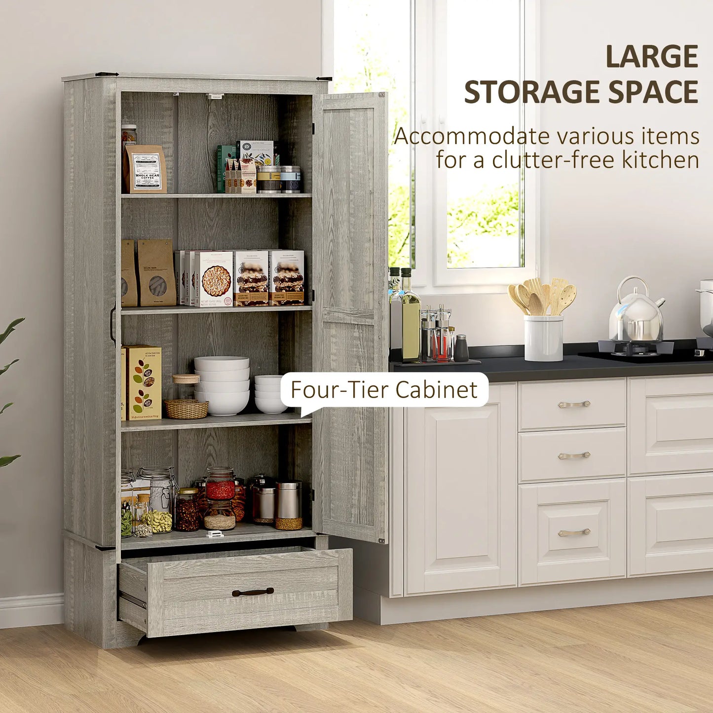 72" Farmhouse Pantry Cabinet, Adjustable Shelves, 2 Doors, Distressed, Light Grey Storage Cabinets at Gallery Canada