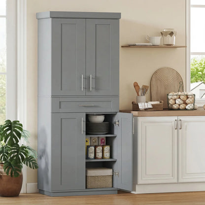 72" Storage Cabinet, Freestanding Kitchen Pantry Cabinet with 4 Doors, Drawer and 3 Adjustable Shelves, Grey Kitchen Pantry Cabinets at Gallery Canada