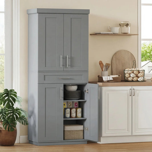 72" Storage Cabinet, Freestanding Kitchen Pantry Cabinet with 4 Doors, Drawer and 3 Adjustable Shelves, Grey Kitchen Pantry Cabinets Grey at Gallery Canada