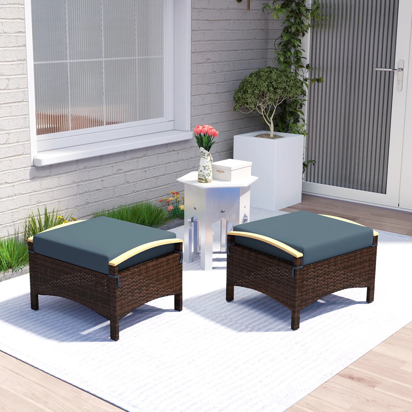 2 Wicker Ottomans, Removable Cushion, Rattan Footstool, Blue Patio Furniture Sets at Gallery Canada