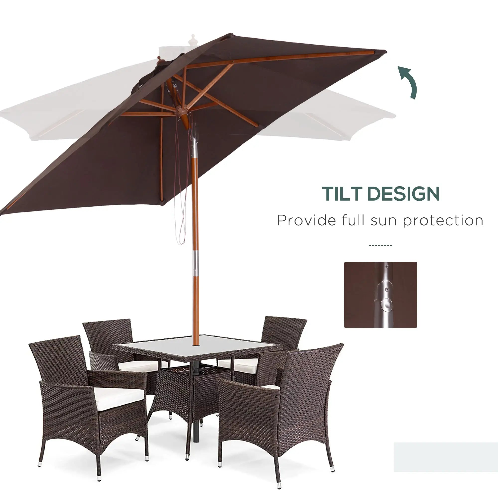 6.6x5ft Square Market Parasol, Wooden Patio Umbrella, Tilt Mechanism, 6 Bamboo Ribs Sun Umbrellas at Gallery Canada